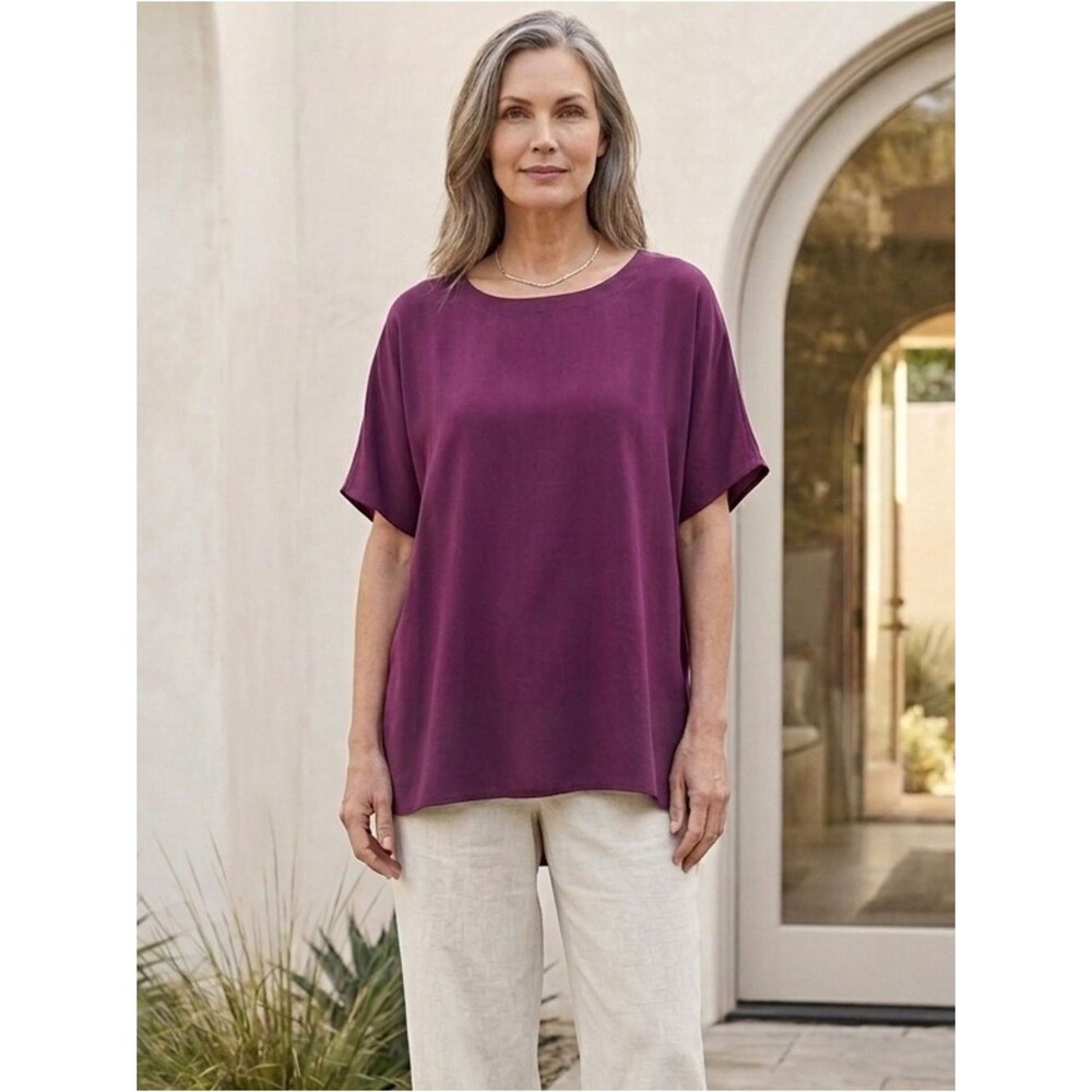 Eileen Fisher Purple 100% Silk Boxy Tunic Blouse Top Small Minimalist Lagenlook